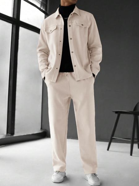 Men's Solid Color Pocket Jacket and Belt Waist Pants Sport Suit Regular Version Mature Business Style, Long Sleeve Jacket Collar Coat and Pocket Long Pants, Men's and Winter Sportswear, Sport Leisure Suit Casual Sportswear, Casual Outfit Set, Menswear