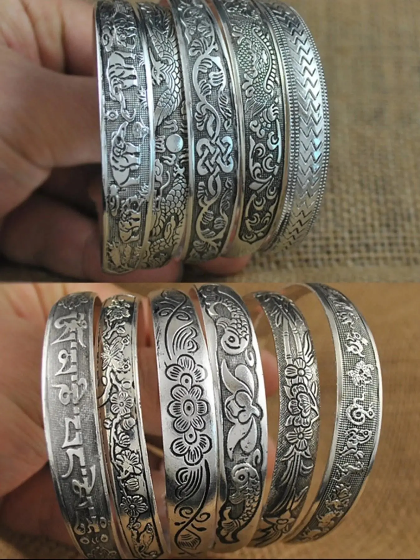 Boho Ethnic Open Cuff Bracelet Set, Floral Elephant Dragon Tibetan Patterns, Vintage Layered Jewelry for Women, Daily & Festival Wear