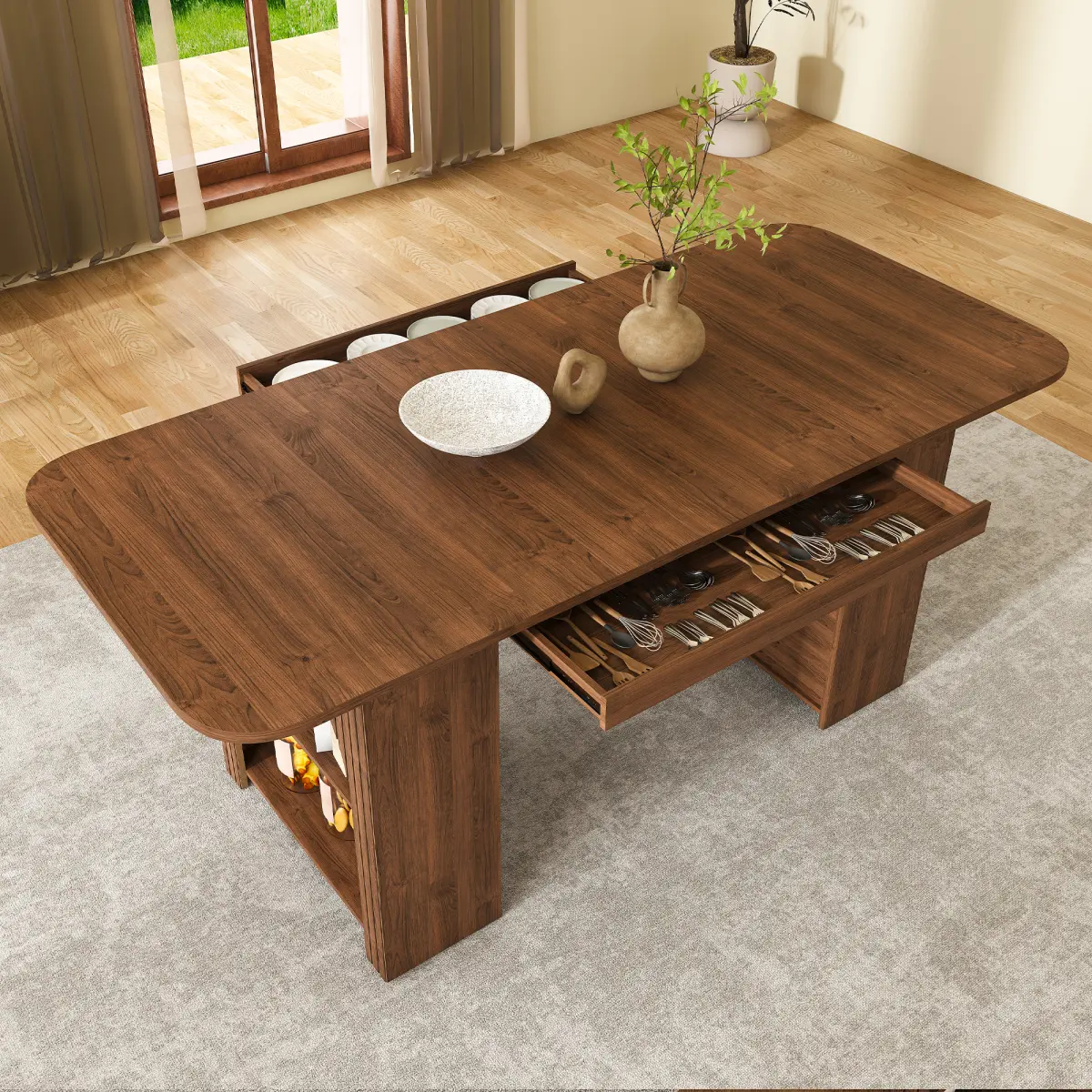 Modern Wood Grain Walnut Dining Table with Storage - 70.87 in Large MDF Tabletop for 4-6 People, Built-in Drawers & Shelf to Organize Dining Room Clutter