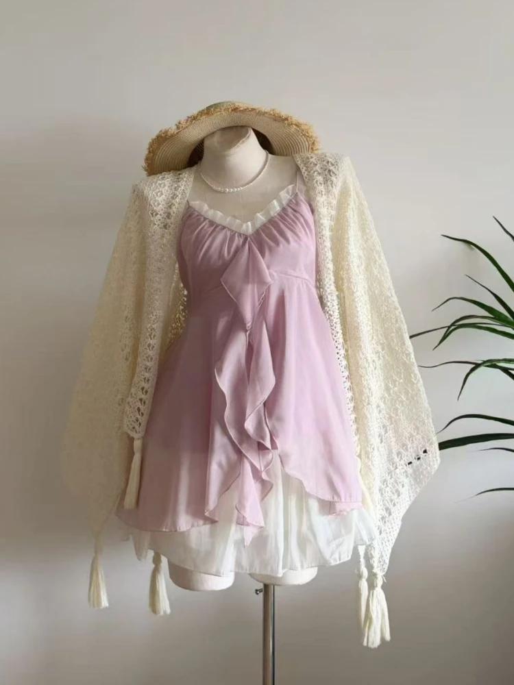 Summer Vintage Sweet Sling 2-piece Set Women Design Chic Loose Chiffon Fairy Suit Female Japanese Elegant Thin New Clothing 2026