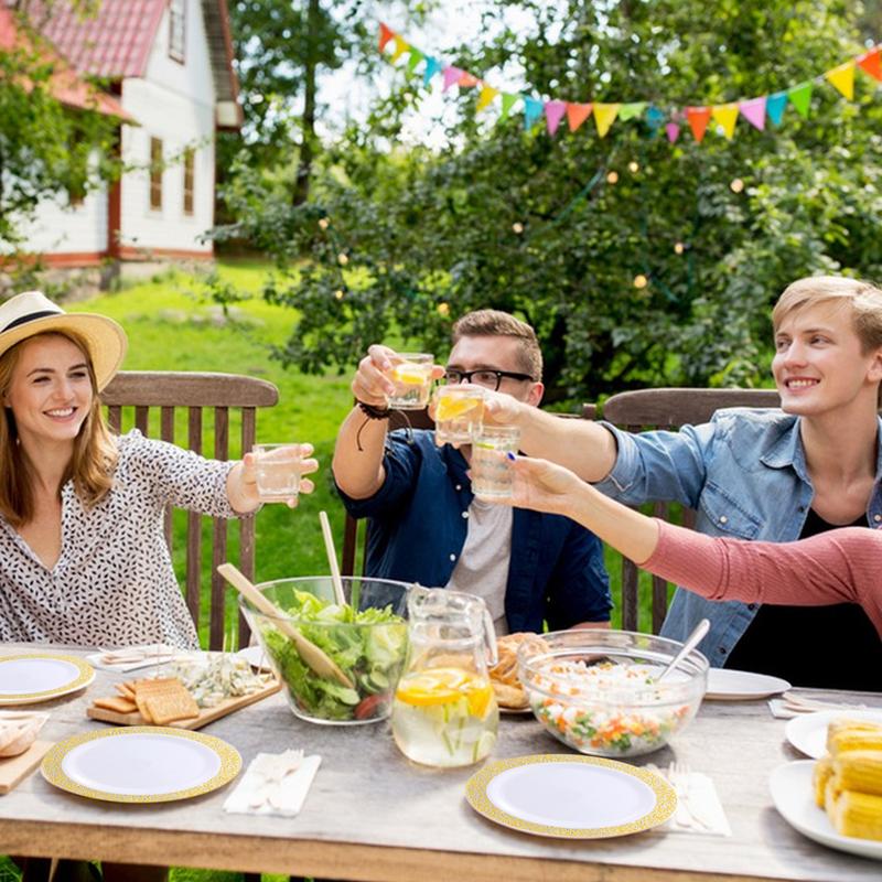 Silver/Gold/Clear/White/Blue Disposable Plates and Silverware Set: Dinner Plates,Dessert Plates, Cups,Napkins,Knife, forks, spoons-Perfect for Party