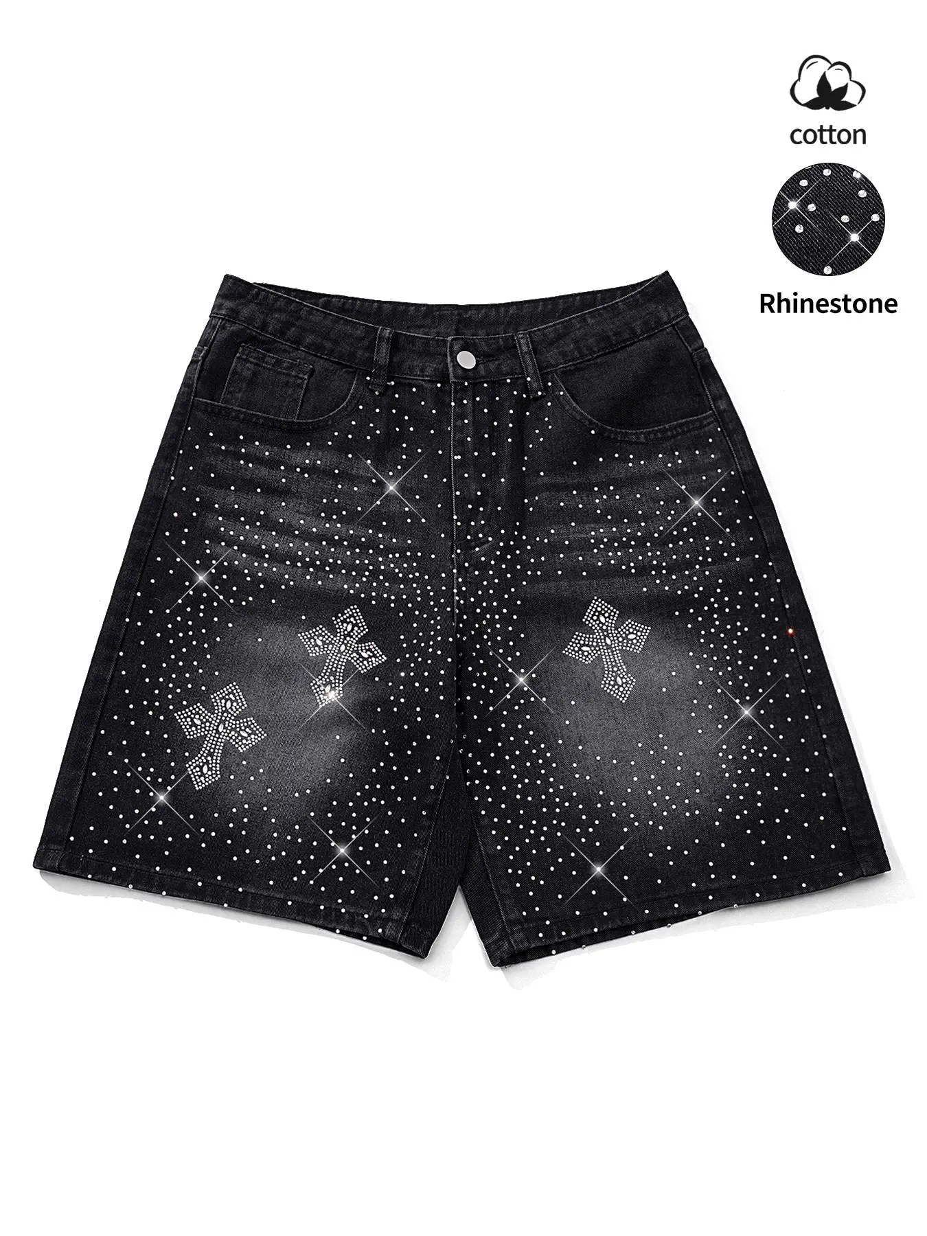Diamond-studded casual jeans, black fully-studded cross-shaped casual baggy denim shorts, American street style, avant-garde casual denim cropped pants, fashion trends, suitable for men with taste, Loose