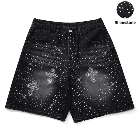 Diamond-studded casual jeans, black fully-studded cross-shaped casual baggy denim shorts, American street style, avant-garde casual denim cropped pants, Streetwear, fashion trends, suitable for men with taste, Loose