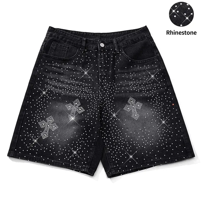 Diamond-studded casual jeans, black fully-studded cross-shaped casual baggy denim shorts, American street style, avant-garde casual denim cropped pants, Streetwear, fashion trends, suitable for men with taste, Loose