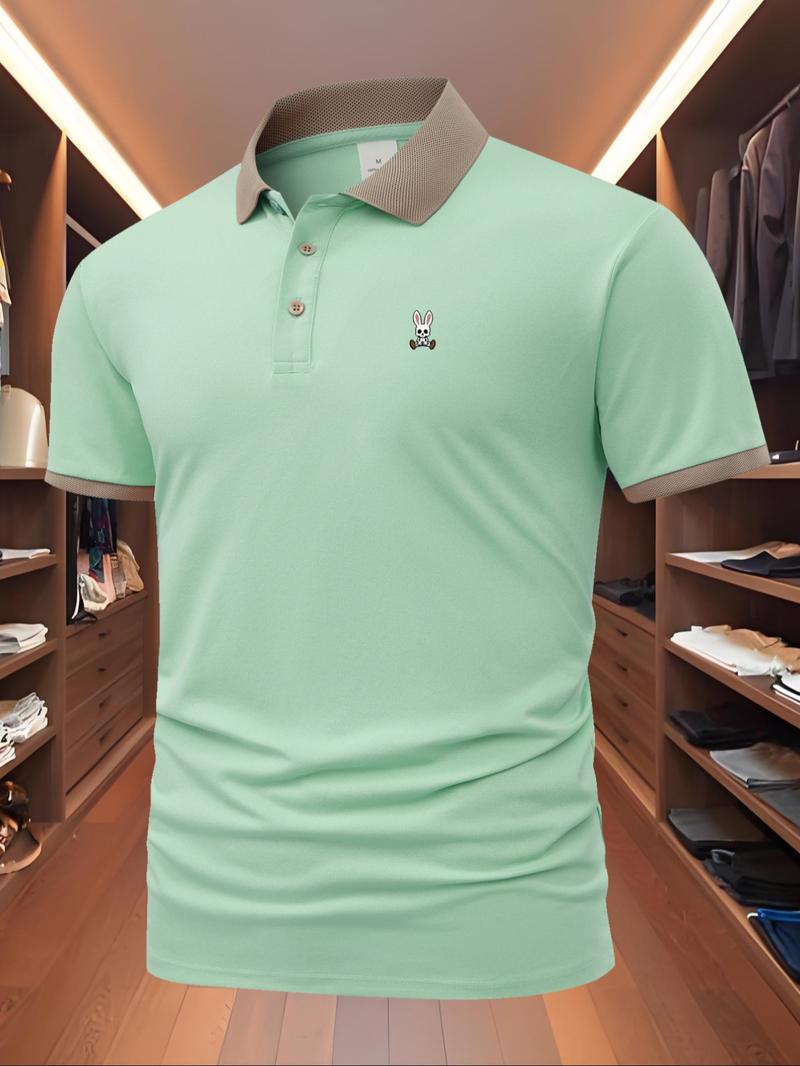 Men's Regular Fit Rabbit Print Polo Shirt, Casual Short Sleeve Collared Top for Summer, Fashion Men's Clothes for Daily Wear, Tropical