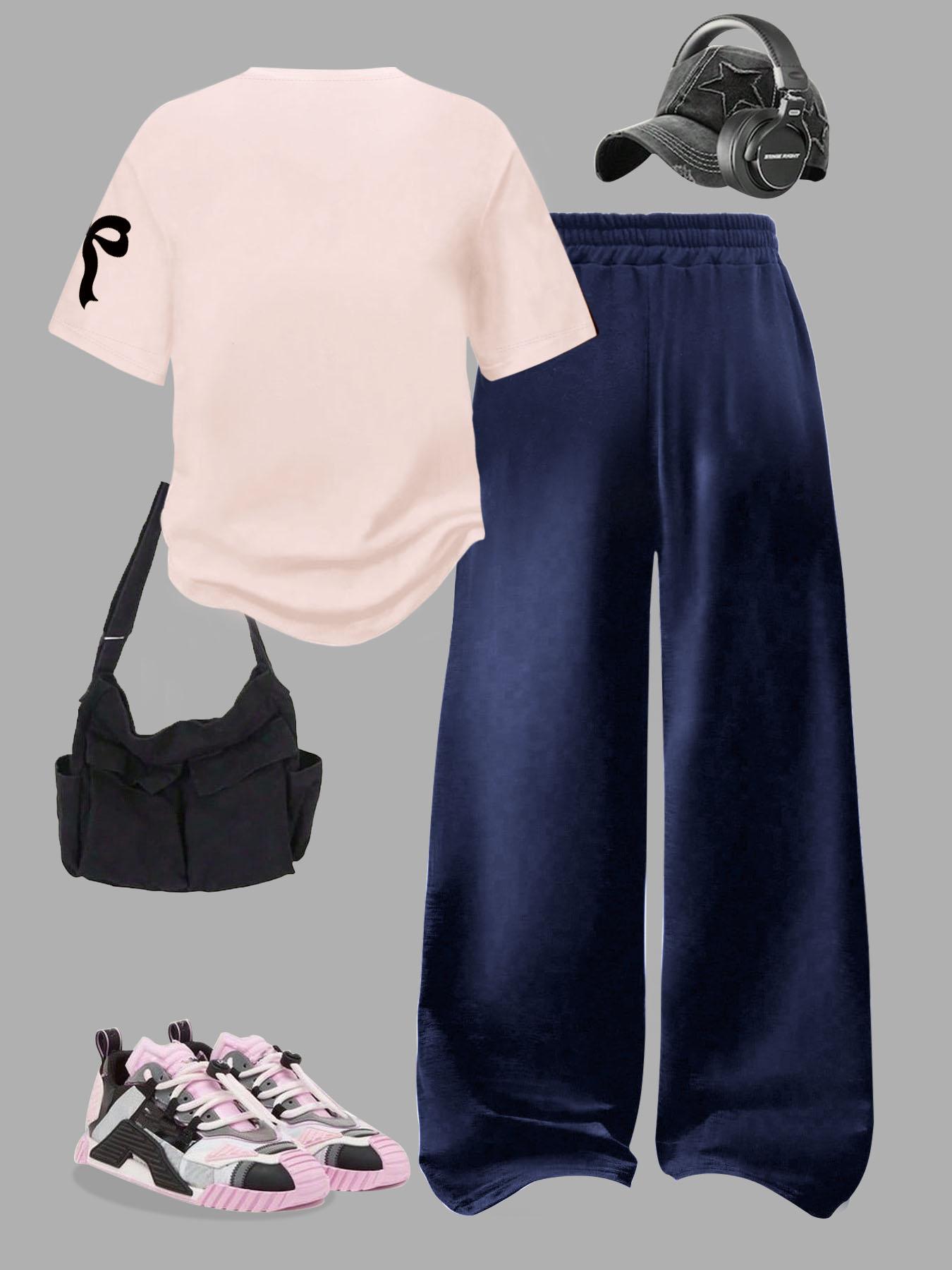 Women's Two-Piece Set, Digital Pattern Round Neck Short Sleeve Top & Loose Casual Pants, Summer Fashion for Vacation Travel, Outfit Women's Two-Piece Set, Digital Pattern Round Neck Short Sleeve Top & Loose Casual Pants, Summer Fashion for Vacation Travel, Outfit