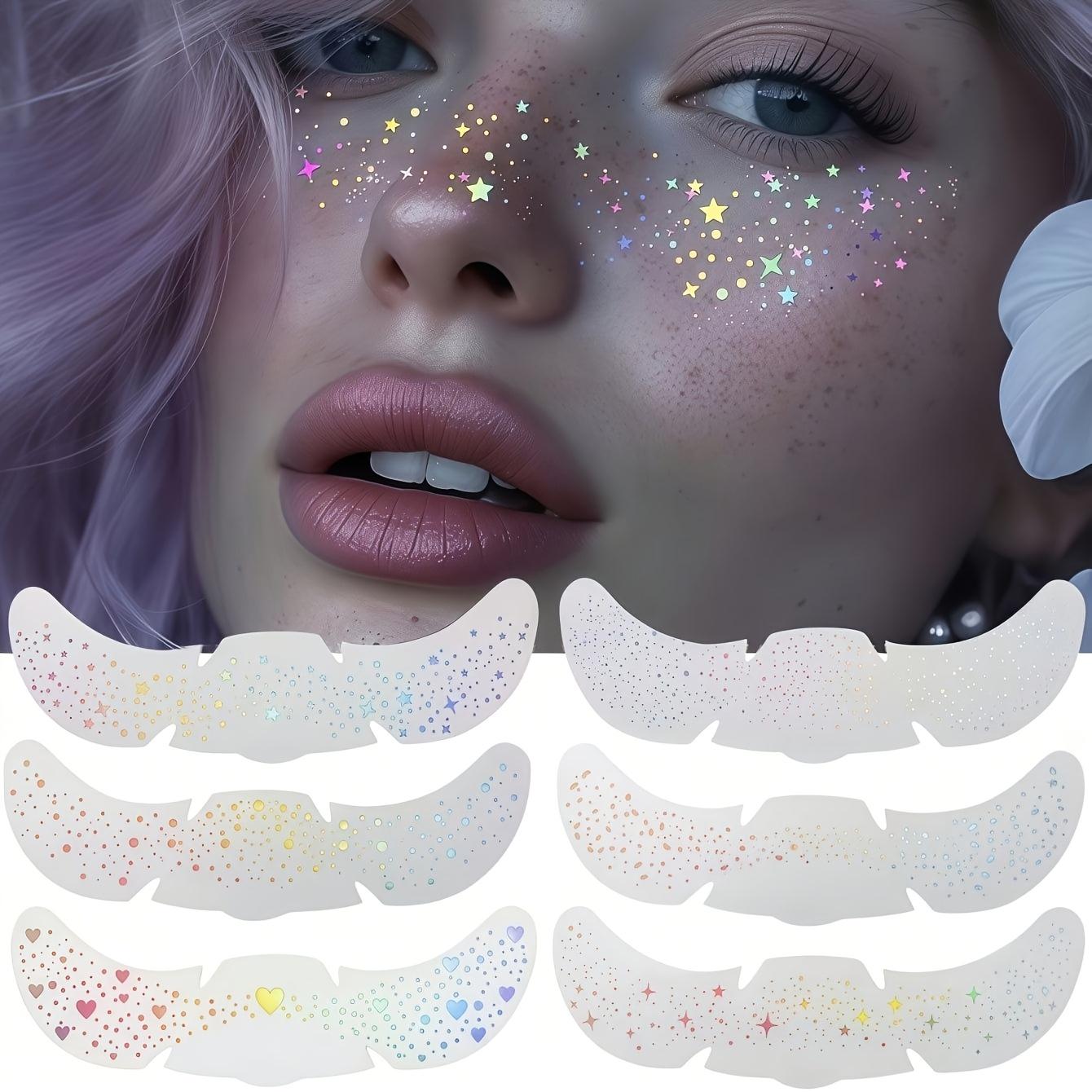 6 Pcs Mixed Glitter Laser Freckle Stickers, Rainbow Heart Star Pattern Waterproof Temporary Tattoo Stickers, Party Festival Makeup Decorations