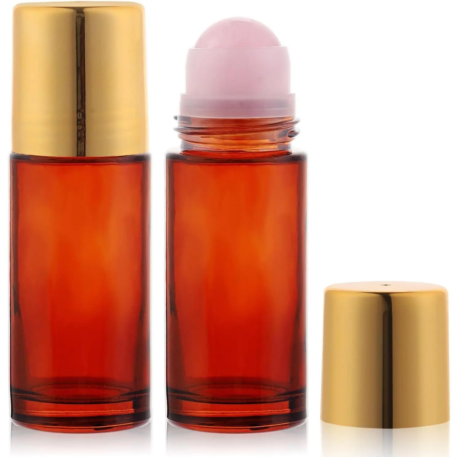 2 Pack 50ml Empty Refillable Natural Rose Quartz Roller On Bottles with Amber Glass Roller Ball Applicator for Essential Oils, Perfume, Castor Oil - Easy to FillGift