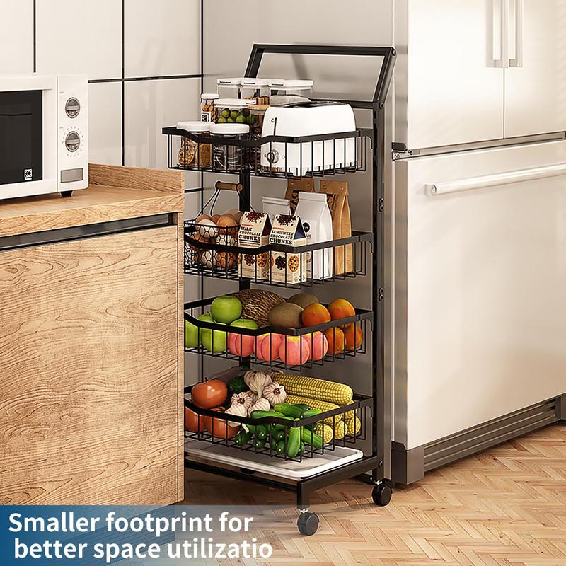 4-Tier Storage Cart with Wheels Rustproof Snack Cart Adjustable Vegetable Fruit Rack Rolling Pantry Utility Kitchen Cart with Solid Wood Handle Detachable Fruit Baskets 360°Movable Organiser