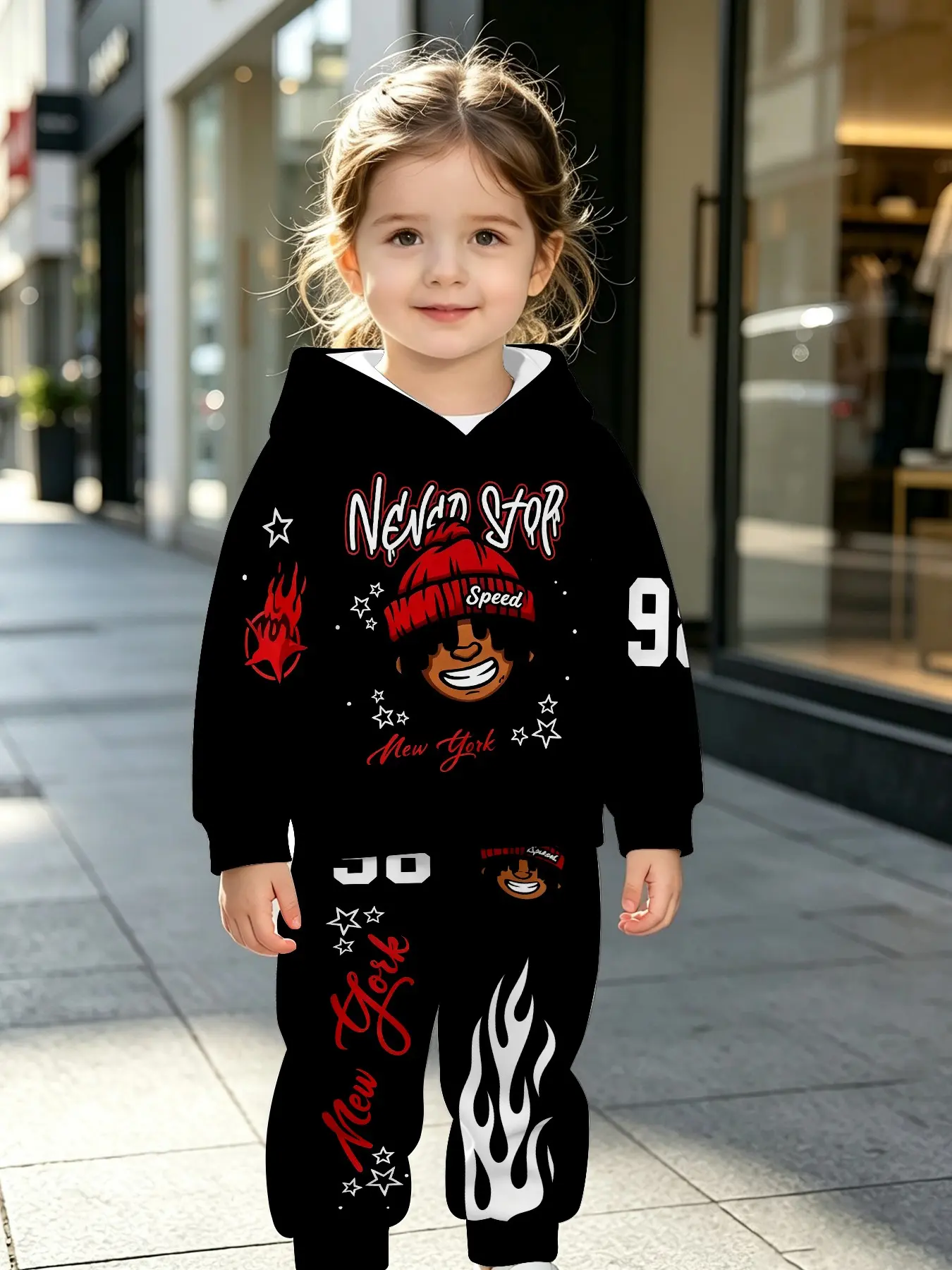 Cool American Streetwear Sweatshirt, Hat Cartoon Boy, New York Letter Flame Print, Boys' Trendy Set, Fall & Winter