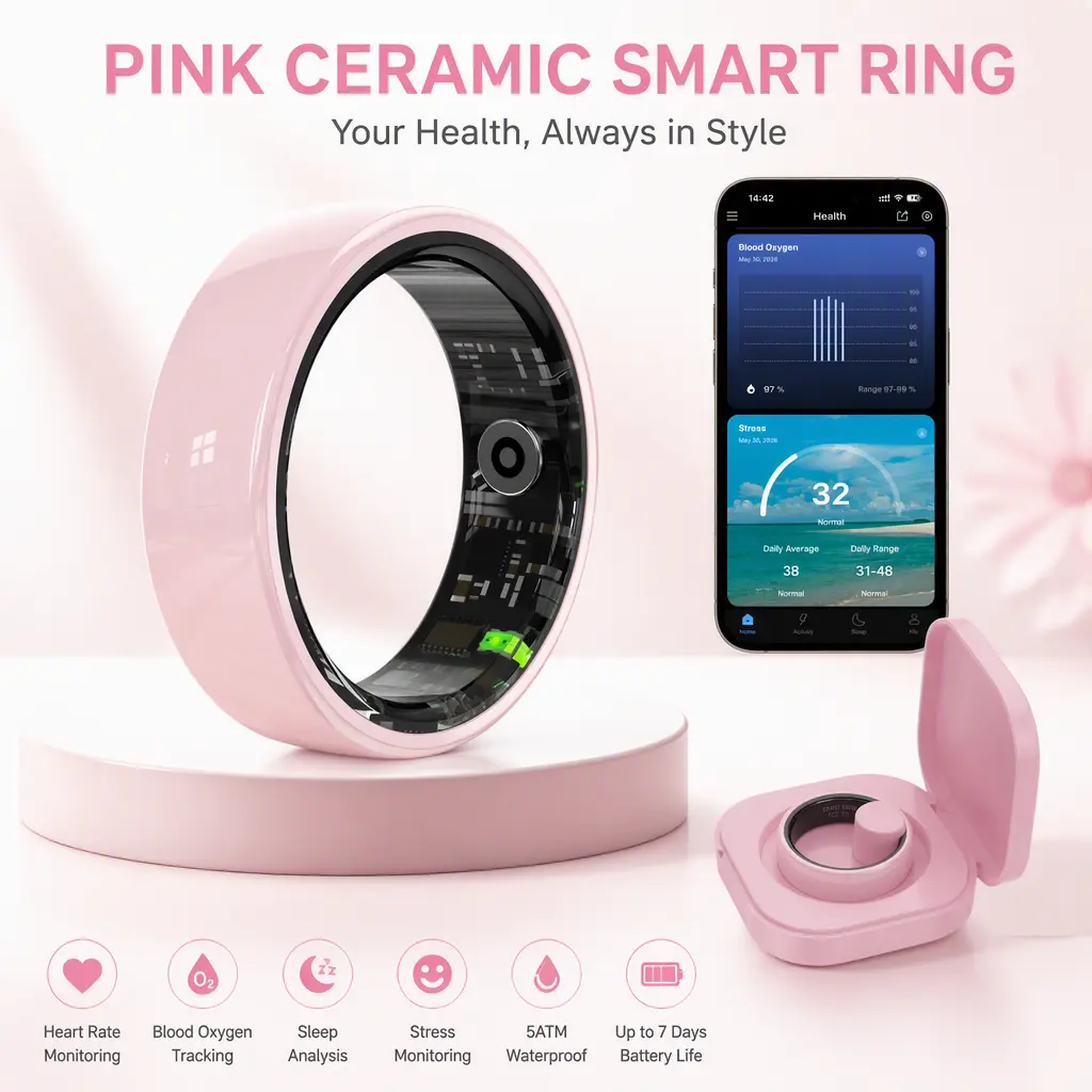 Pink Ceramic Smart Ring, Smart Health Tracker with Heart Rate, Sleep & Blood Oxygen Monitoring, IP65 Water Resistant, Charging Case Included, No Subscription Fee for iOS & Android