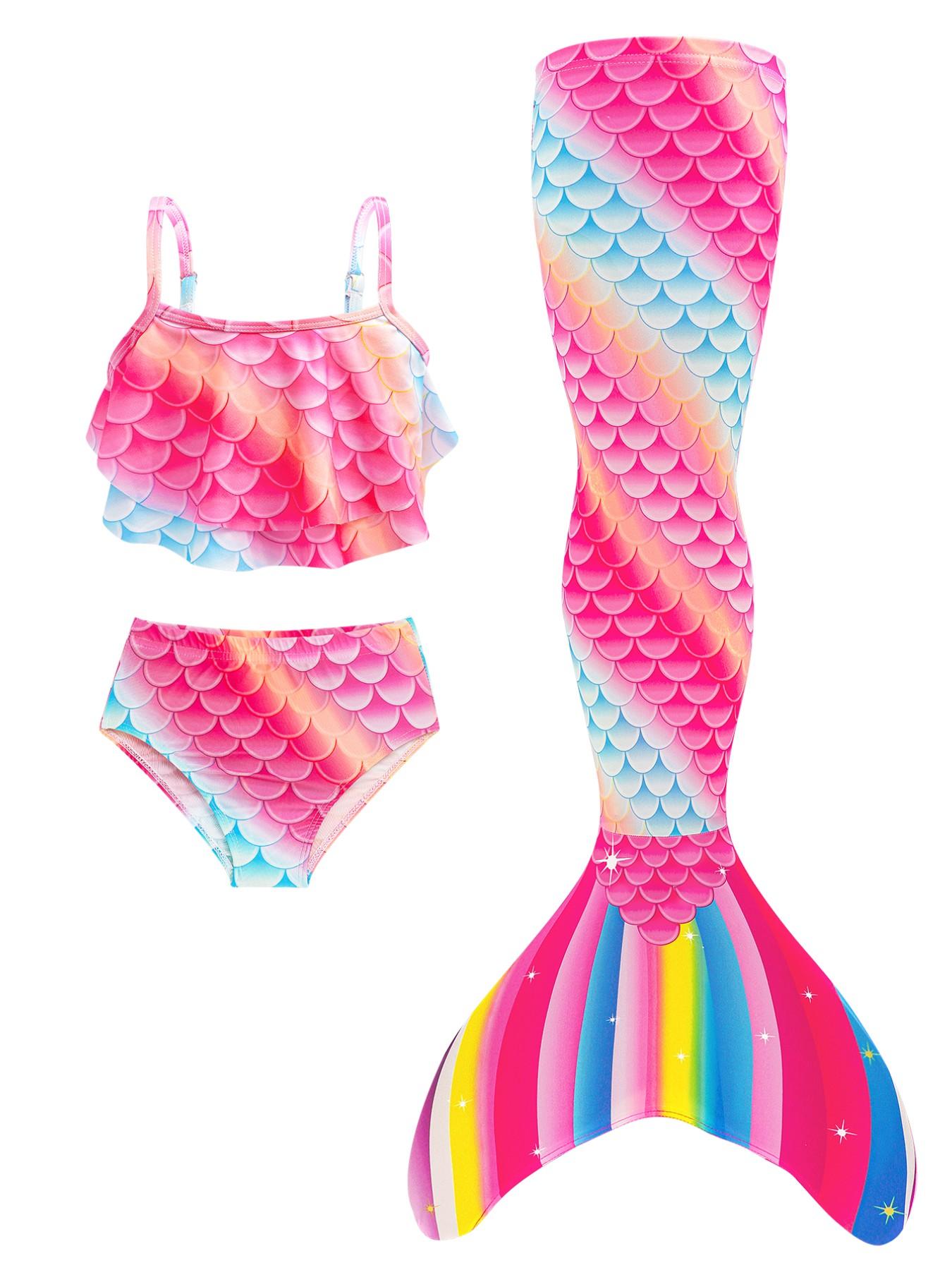 Girls Mermaid Tail Bikini Swimsuit Sets, Rainbow Beach Bathing Suit, 3 Piece Princess Performance Cosplay Costume Sets, Swimwear Sets