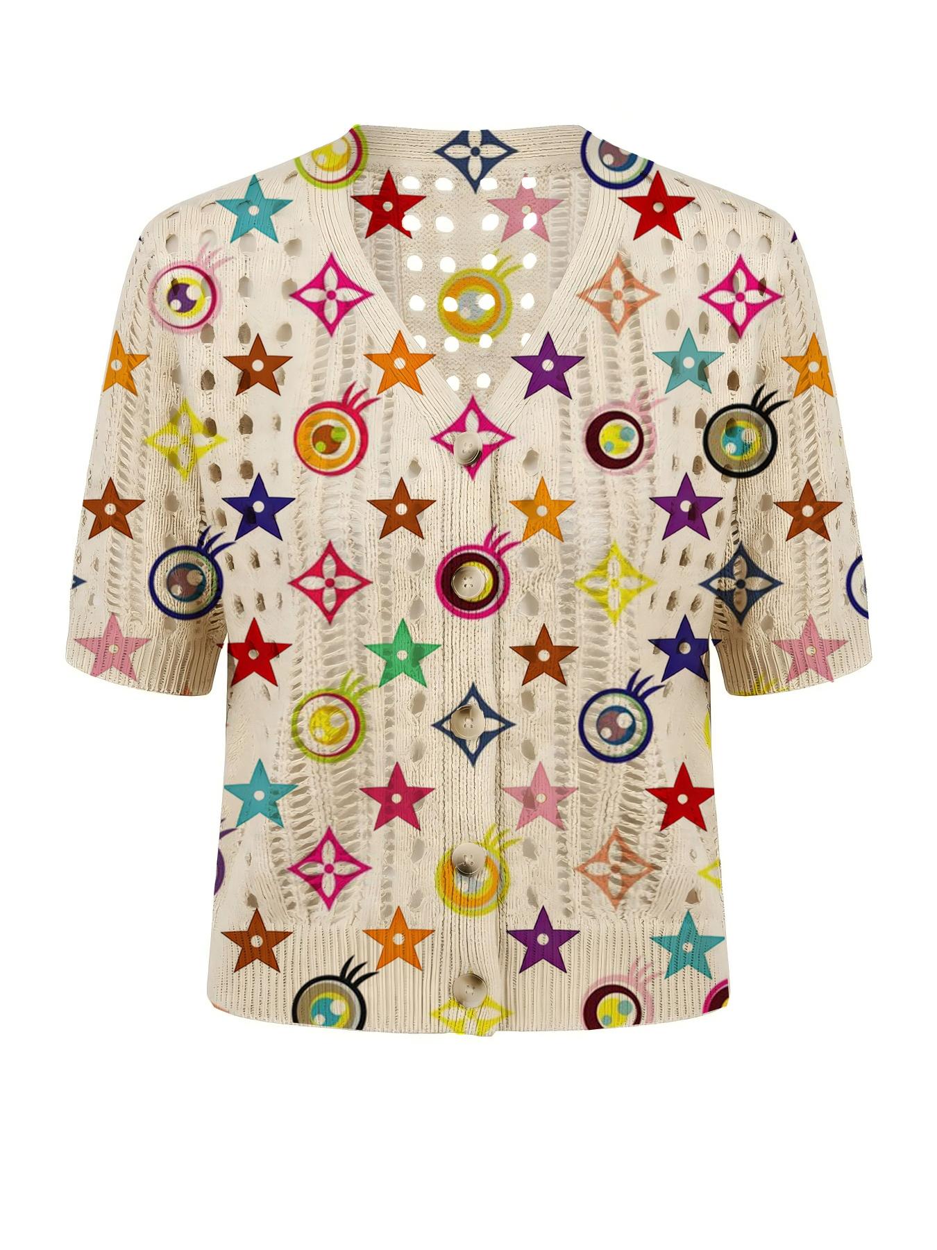 Elegant Women's Vibrant Colorblock Geometric Print Short Sleeve Knit Cardigan Button, Casual Breathable Top, Hollow Out Design, Beach Vacation Wear
