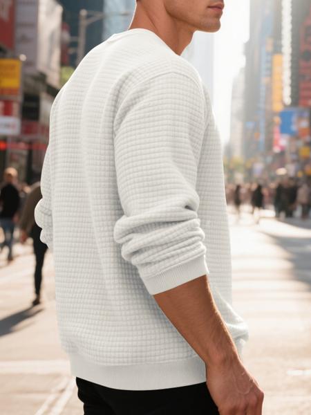 Men's White Waffle Knit Sweater, Crew Neck & Long Sleeve Design, Soft Breathable Cotton Blend for Spring Fall Casual, Office & Daily Wear – Slim Fit, Ribbed Cuffs/Hem, Thermal Texture, Classic, Crewneck