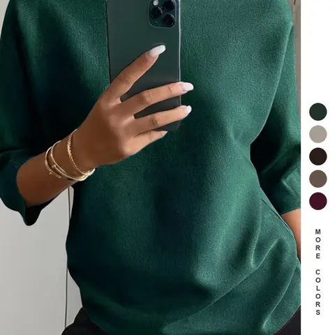 Emerald Boat Neck Knit Top, Elegant Cinched Waist Sweater, Half Sleeve Pullover for Business Occasions, All Seasons Fashion Staple