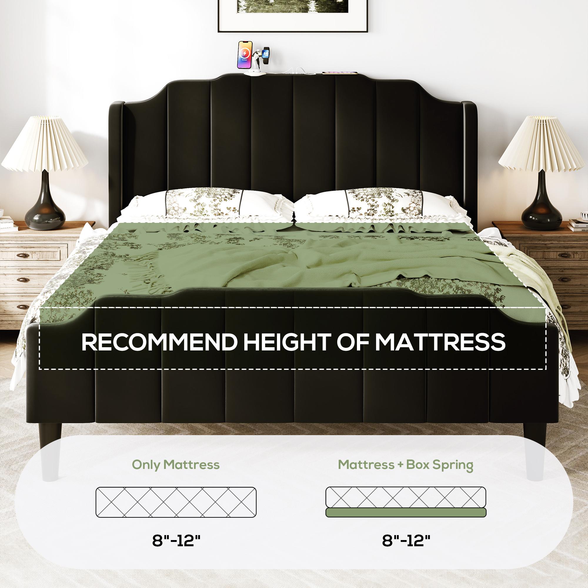 MUTICOR Upholstered Bed Frame with Power Outlets,Full/King/Queen Bed Frame, Velvet Classic Headboard & Footboard, No Box Spring Needed,Solid Wood Slats#TikTokShopBlackFriday #ChristmasGifts