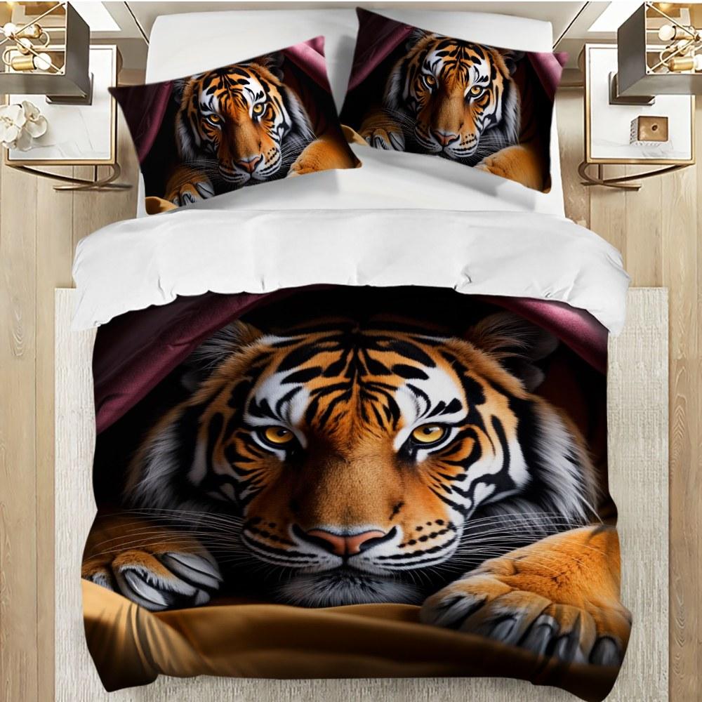 Bedding 3-piece set - 3PCS,orange and purple patterned tiger lying down comforter set (1 comforter cover + 2 pillowcases, filling not included). soft and comfortable, suitable for family bedrooms.