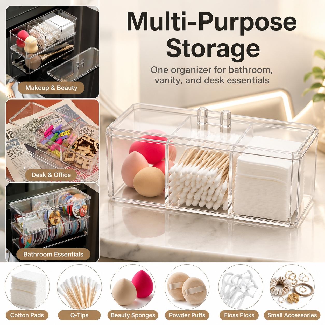 1PCS Clear Acrylic Cotton Pad & Qtip Holder with Lid, 3-Compartment Dustproof Odorless Makeup Organizer for Cotton Balls, Swabs, Beauty Sponges, Powder Puffs, Floss Picks, Bathroom Vanity, Dressing Table, Desk & Skincare Storage