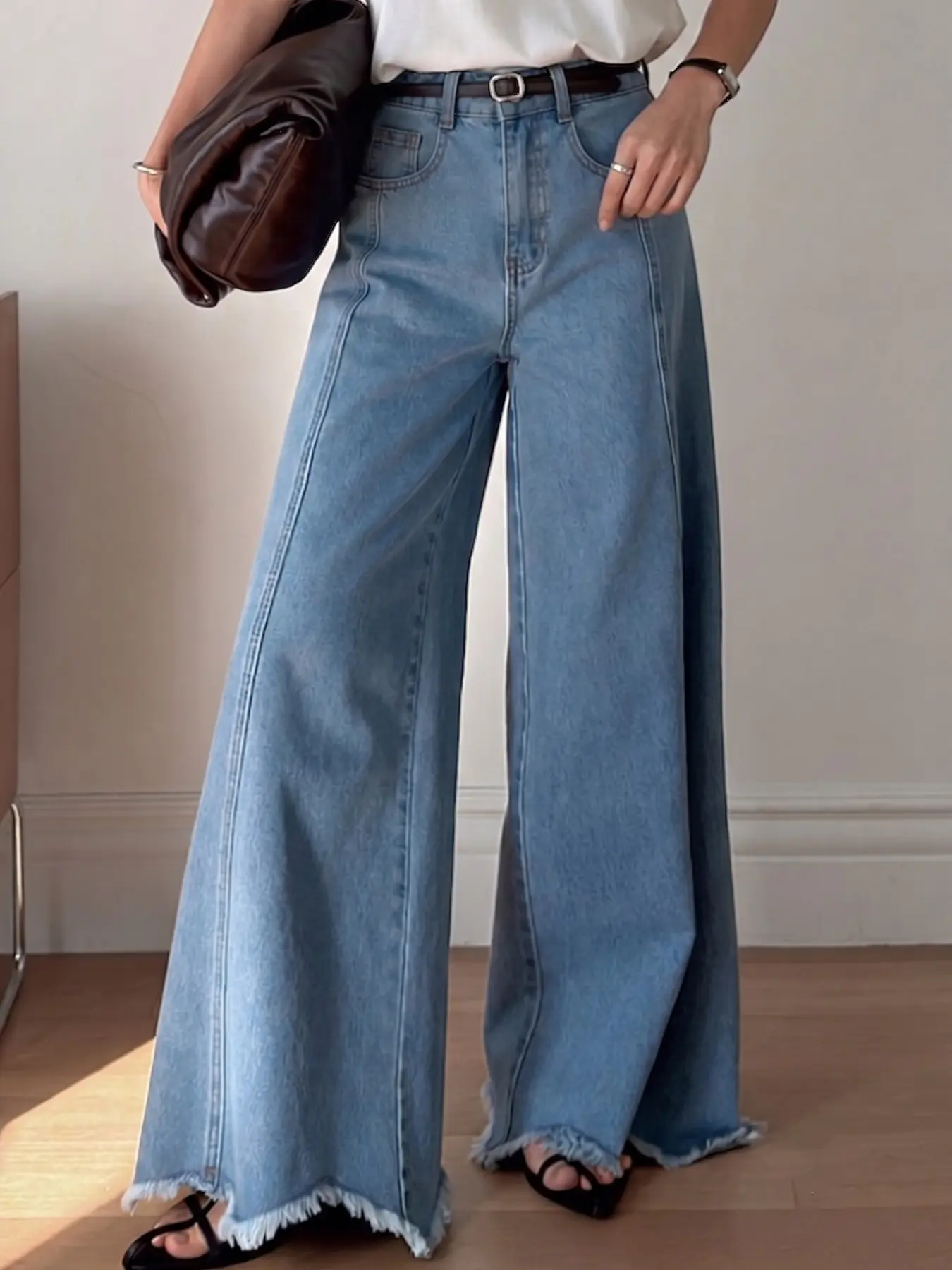 Designer Style Commuter College High Waist Stretch Women's Wide Leg Denim Jeans, Asymmetrical Hem, Floor Length, A-Line, Elegant