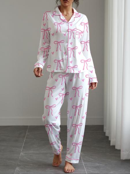 Women's Cute Bow Print Pajama Set, Soft Elastic Fabric, Long Sleeve Shirt Collar Top & Pants, Perfect for Home & Outdoor Wear Loungewear