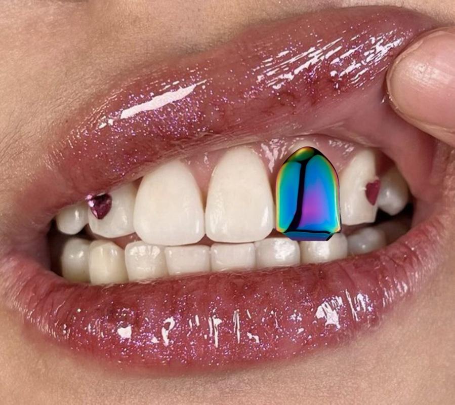 CRUSH CR Retro Futuristic Iridescent Single Tooth Grillz Cap 1pc for Men Women, High-Gloss Polished Finish, Hypoallergenic Removable, Ideal for Retro Tech-Themed Parties, 90s/00s Throwback Events, Cyber Goth Gatherings Urban Culture Festivals