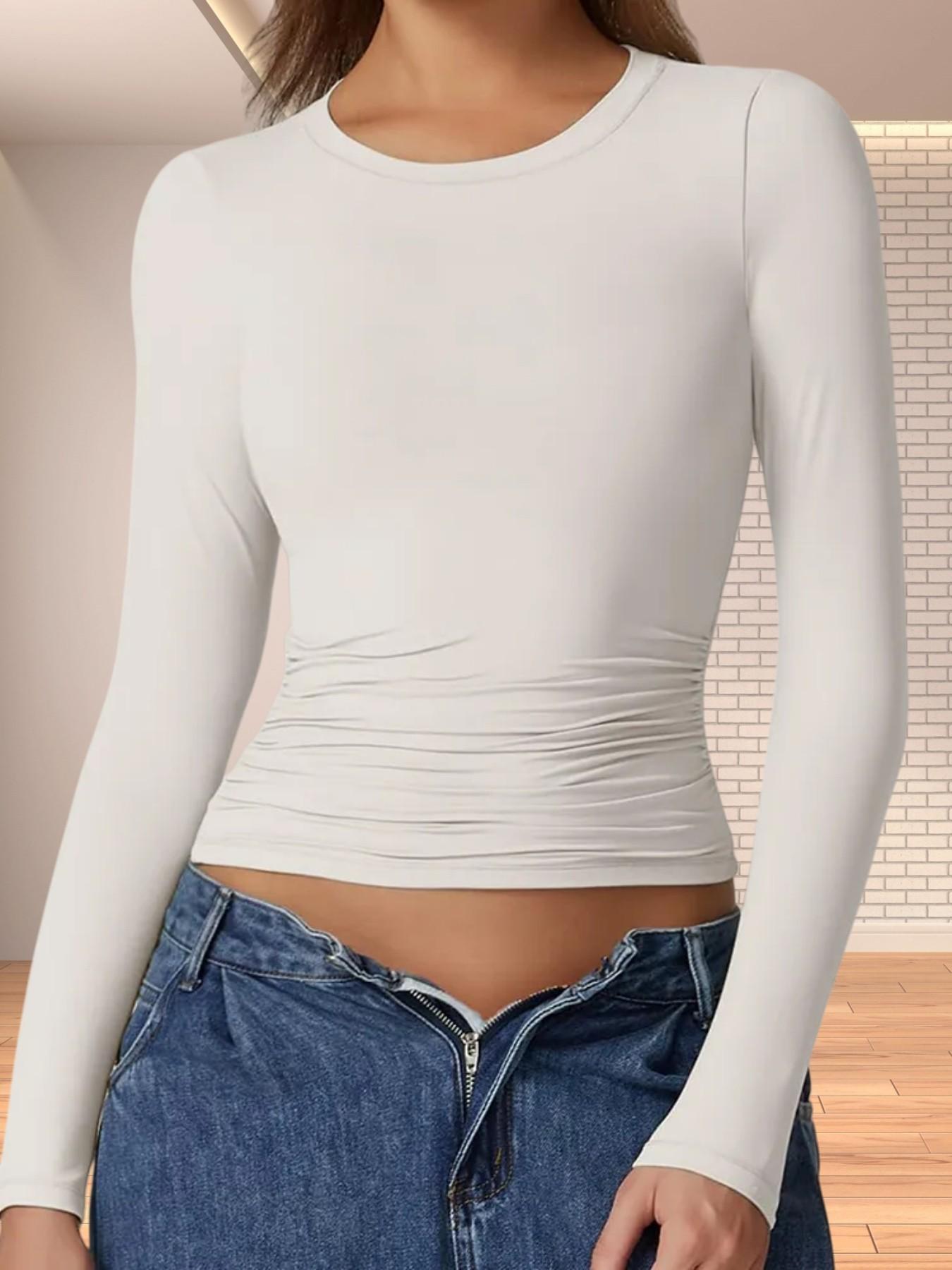 3 Counts Elegant & Versatile Women Plain Crew Neck Long Sleeve Ruched Fitted Slim Fit Loungewear Shirt,Warm Trendy Basic Tops,Breathable Soft Underwear,Cute Womenswear,High Elasticity Shapewear Tee,Suitable For All Seasons