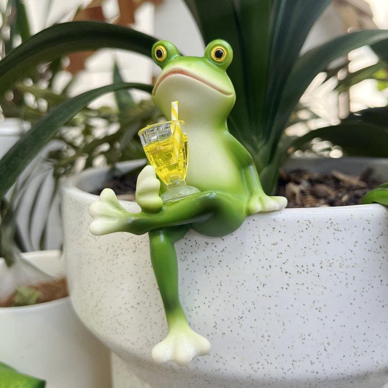 Drinking Frog Figurine Office Desktop Garden Pot Landscape Decorative Ornament, Unique Desk Decoration, Cute Animal Statue, Garden Gnome Statue