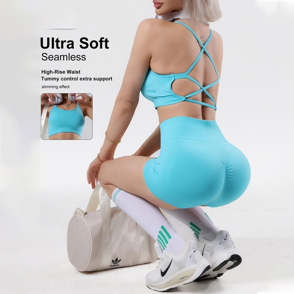 Women's 2-Piece Sporty Sports Underwear Set, Cross-Suspender Beauty Back Yoga Bra, High-Waist Belly & Hip-Lift Fitness Biker Shorts for Yoga, Fitness