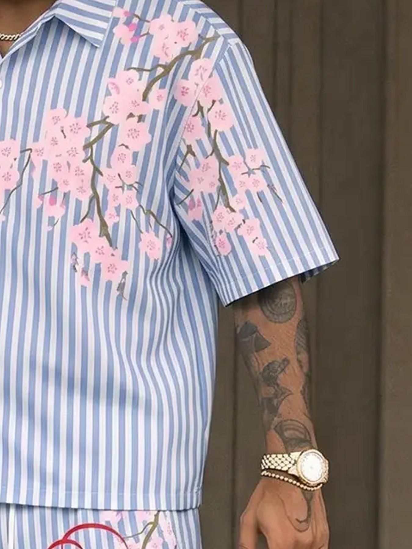 Men, Menswear, Blue White Vertical Striped Cherry Blossom Cursive Print Two Piece Outfit Oversized Short Sleeve Button Down Shirt Drawstring Waist Shorts Vintage West Coast Chicano Matching Summer Couple Tracksuit