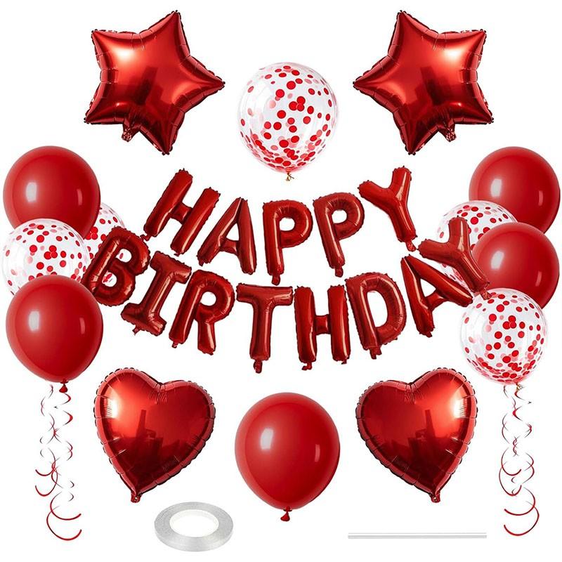 29 Pcs Red Birthday Decorations, 3D Foil Red Happy Birthday Balloon Banner, Pentagram Heart Foil Balloons Confetti Balloons Kit For Boys Girls Birthday Party Supplies