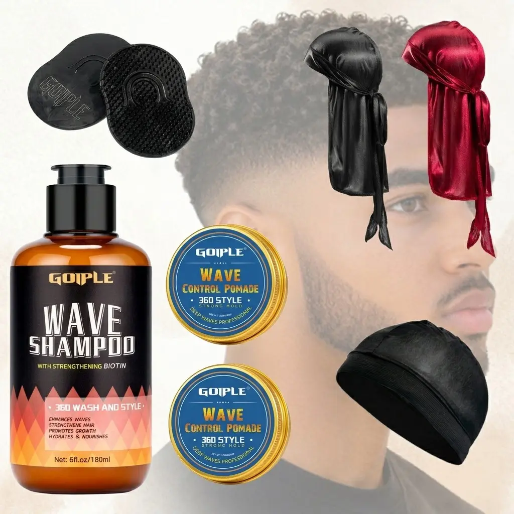 360 Waves Hair Styling Kit For Men, Biotin Wave Shampoo, Strong Hold Wave Pomade, Satin Durags Wave Cap & Wave Brush, Professional Wave Training Starter Set For Deep Defined Waves Wolfing Routine, Deep Cleansing & Nourishing Kit, Haircare, Hair Care Pack