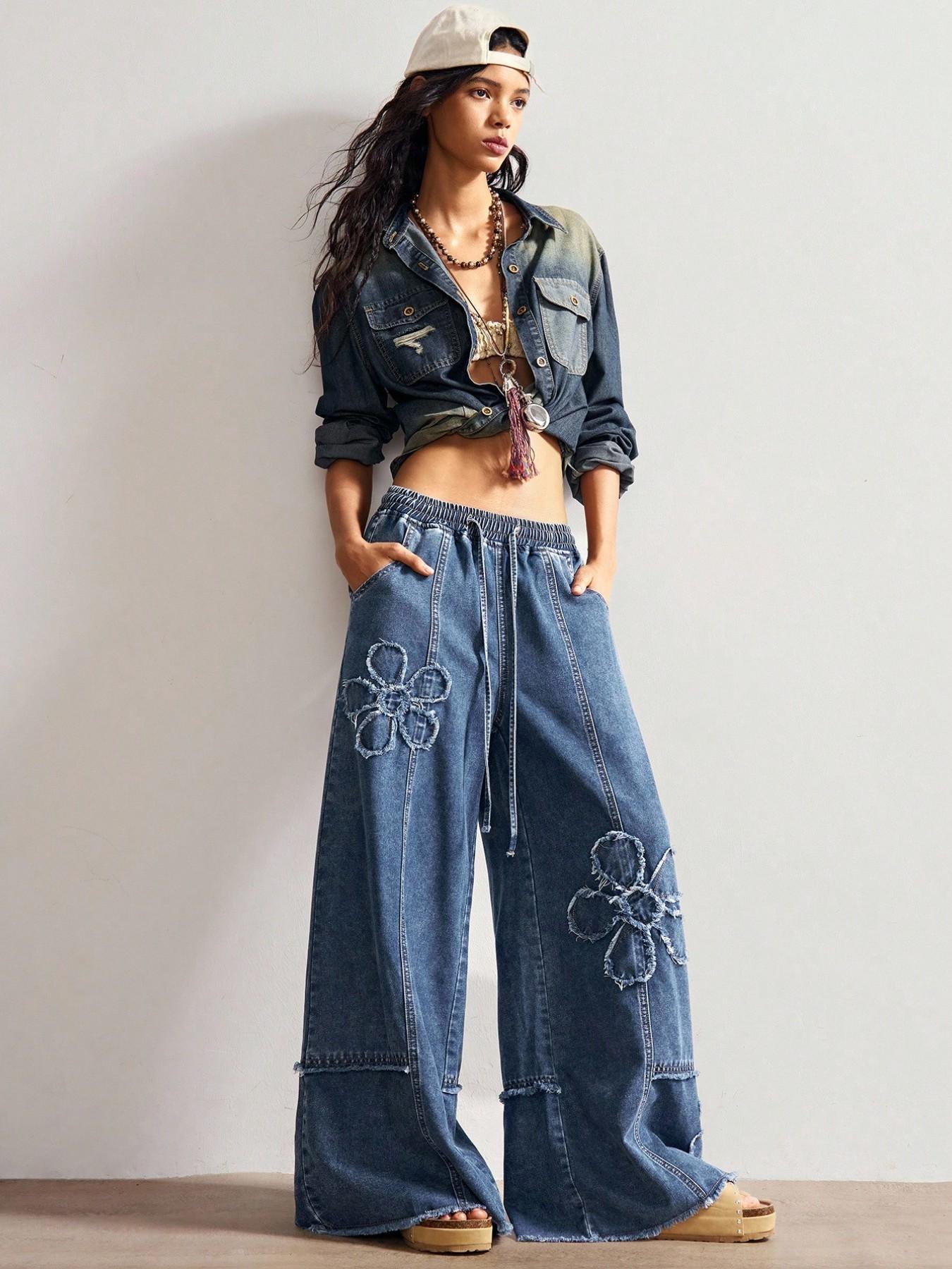 Boho Style Women's Casual Solid Wide Leg Jeans, Loose Fit Denim Jeans with Embroidery Pattern, Comfortable and Stylish Everyday Wear