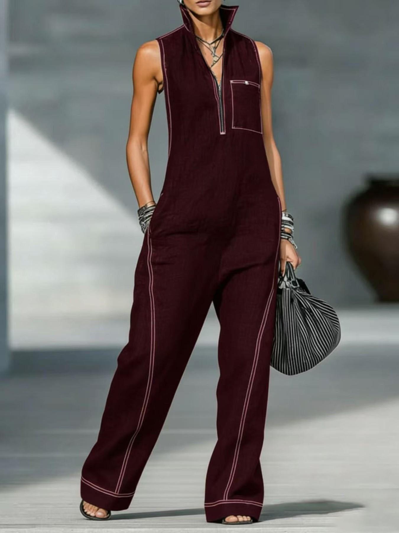 Women's Stand Collar Sleeveless Zipper Casual Loose Bodysuit, Comfortable and Stylish One-Piece for Daily Wear