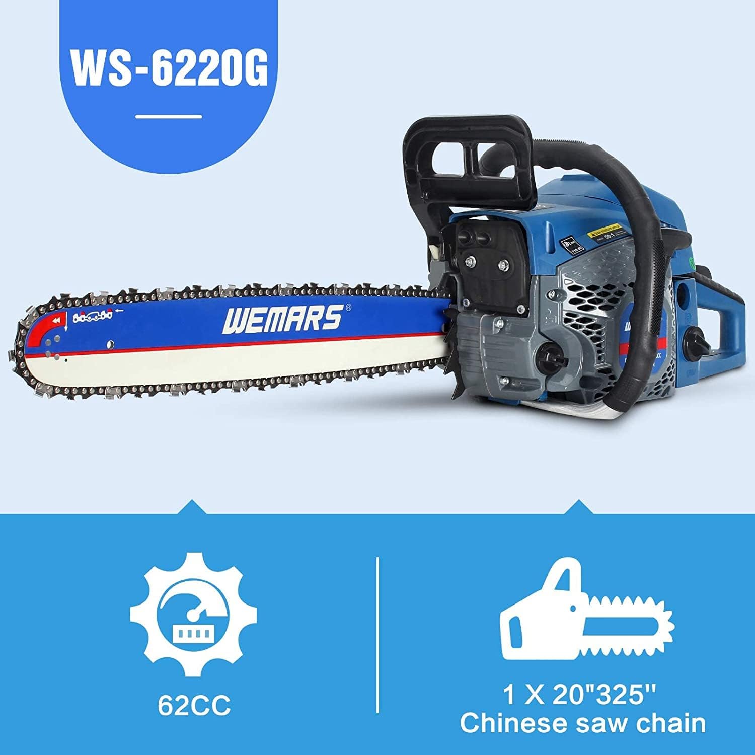 62cc Gas Chainsaws 20 Inch Bar Power Chain Saws, Gas   2 Stroke Handed Petrol Gasoline Chain  for   Outdoor Garden Farm  Use with Tool Kit(6220G)