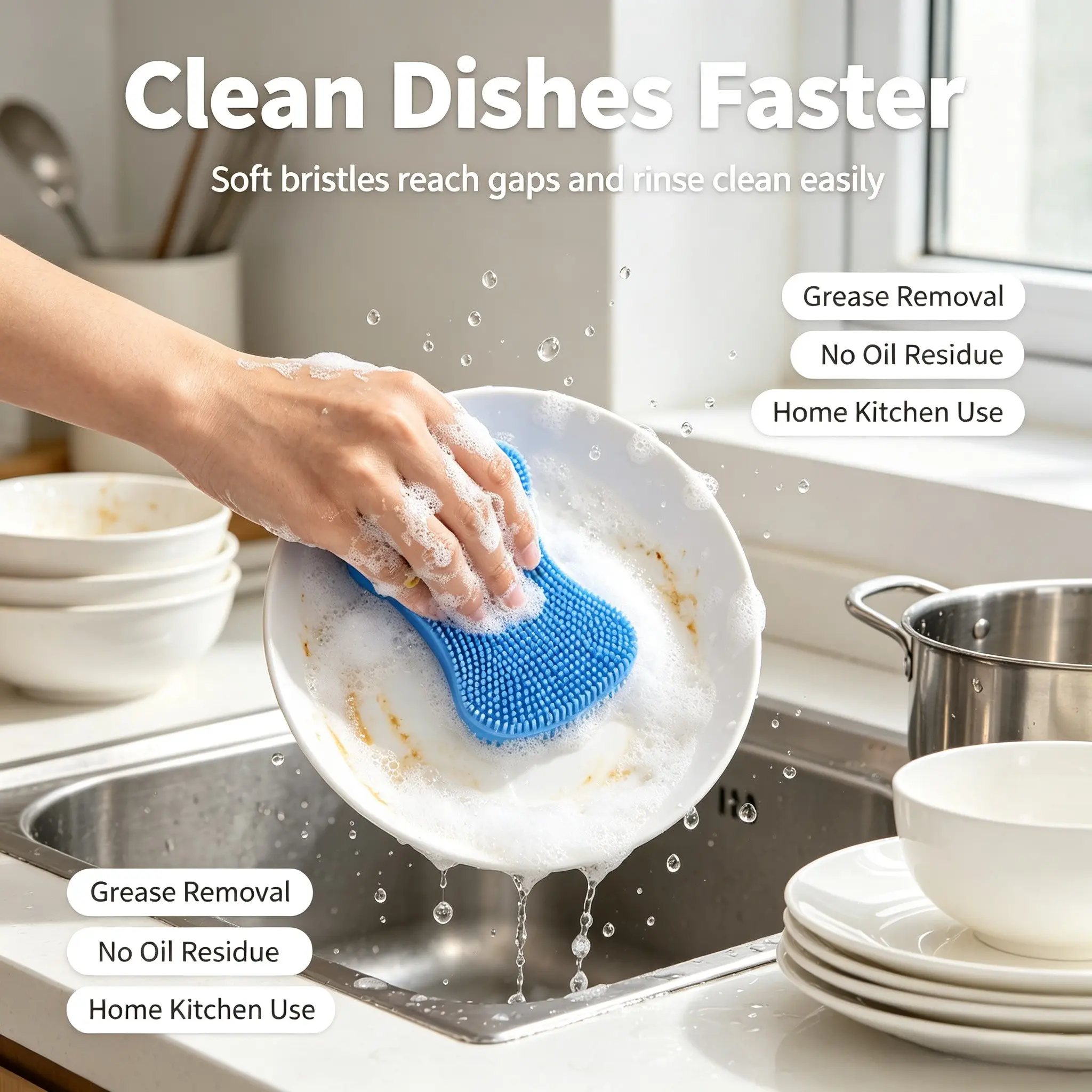 Silicone Dish Brush Non-Stick Reusable Kitchen Cleaning Tool, Ideal for Pots, Flat Bottom Pans, Utensils, Durable and Easy to Use