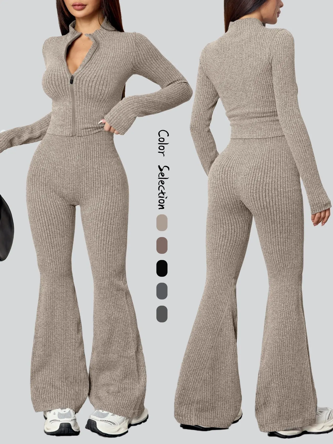 【Black Friday】Women's Sportswear Set, Sexy Casual Fitness Outfit, Tight High-Stretch Booty-Enhancing Set, Zippered Sports Top Set, Ladies' Sportswear for Autumn & Winter