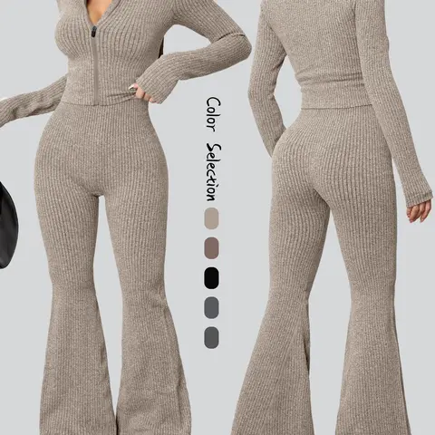 Women's Sportswear Set, Sexy Casual Fitness, Tight Elasticity Bootie Women Zipper Sports Top Set, Autumn Winter Ladies Sportwear