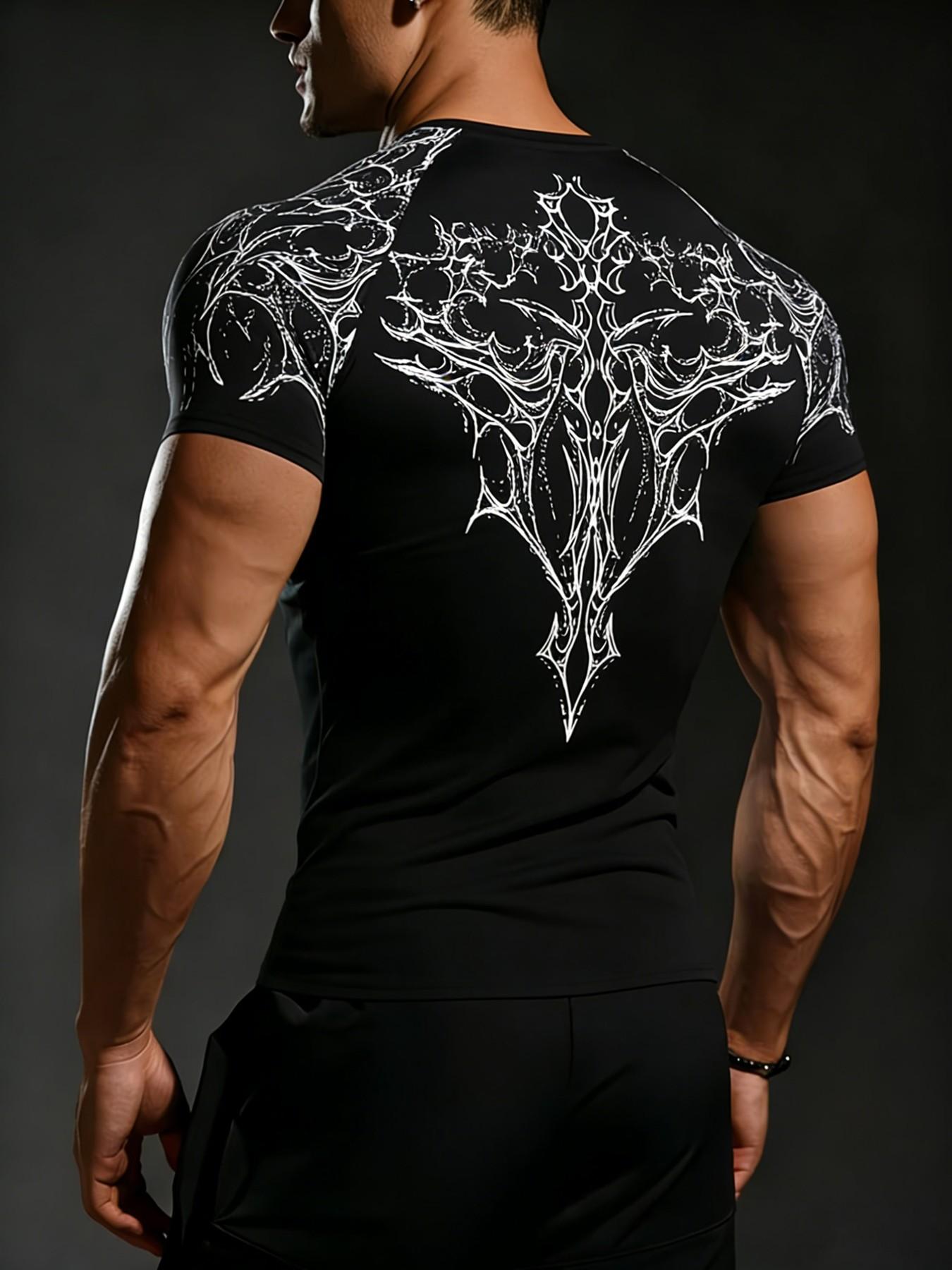 Men's High Elastic Quick-Dry Sports Short Sleeve Shirt, Geometric Print Gym Training Top, Casual Loose-Fitting Long Sleeve Tee