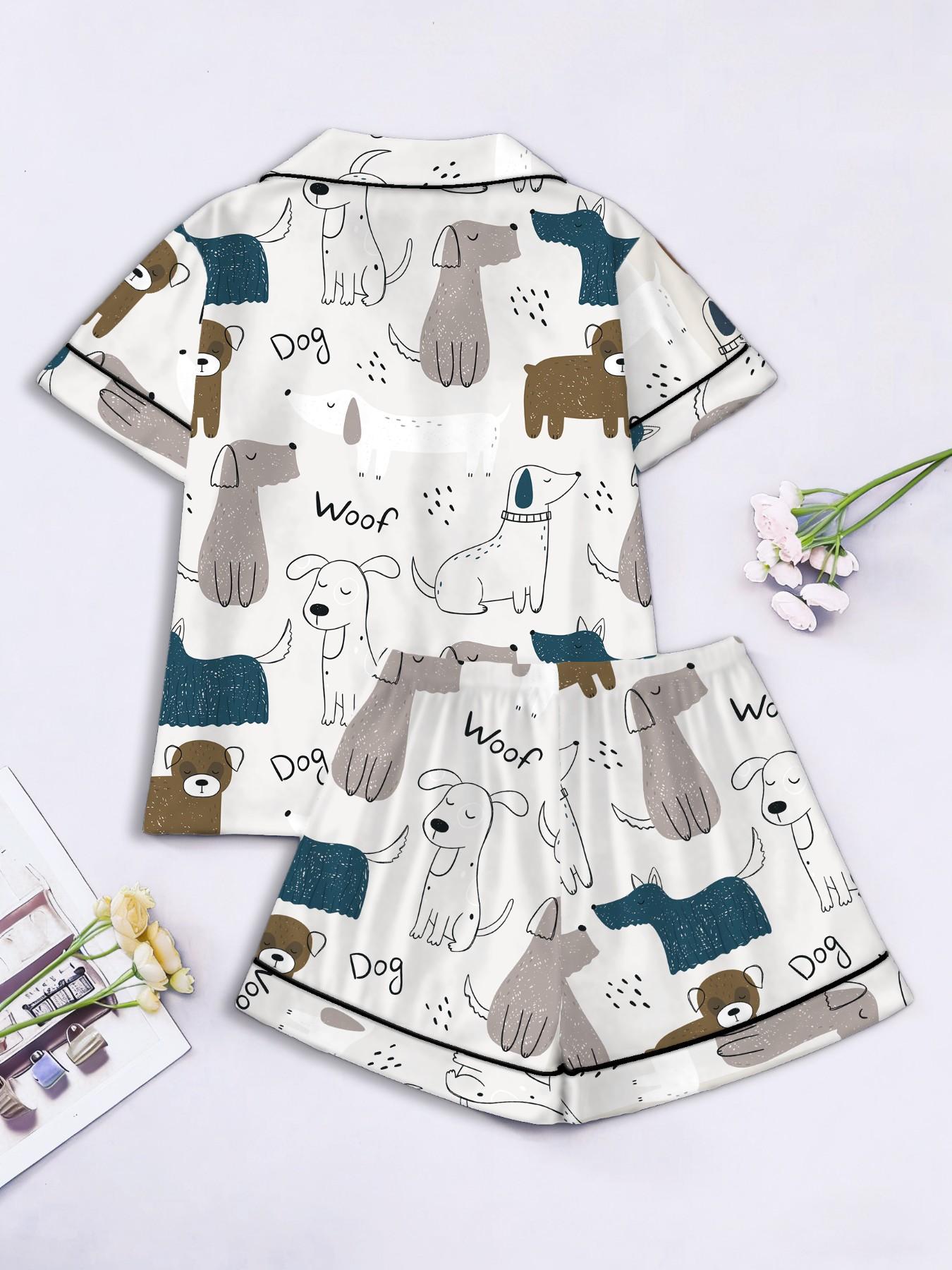 Women's Short Sleeve Button Down Top and Shorts Pajama Set, Spring Summer Wear, For Fun Lovers, White Base Funny Dog Woof Print, Classic Lapel Collar, Loose Fit, Comfortable For Home & Photo Shooting