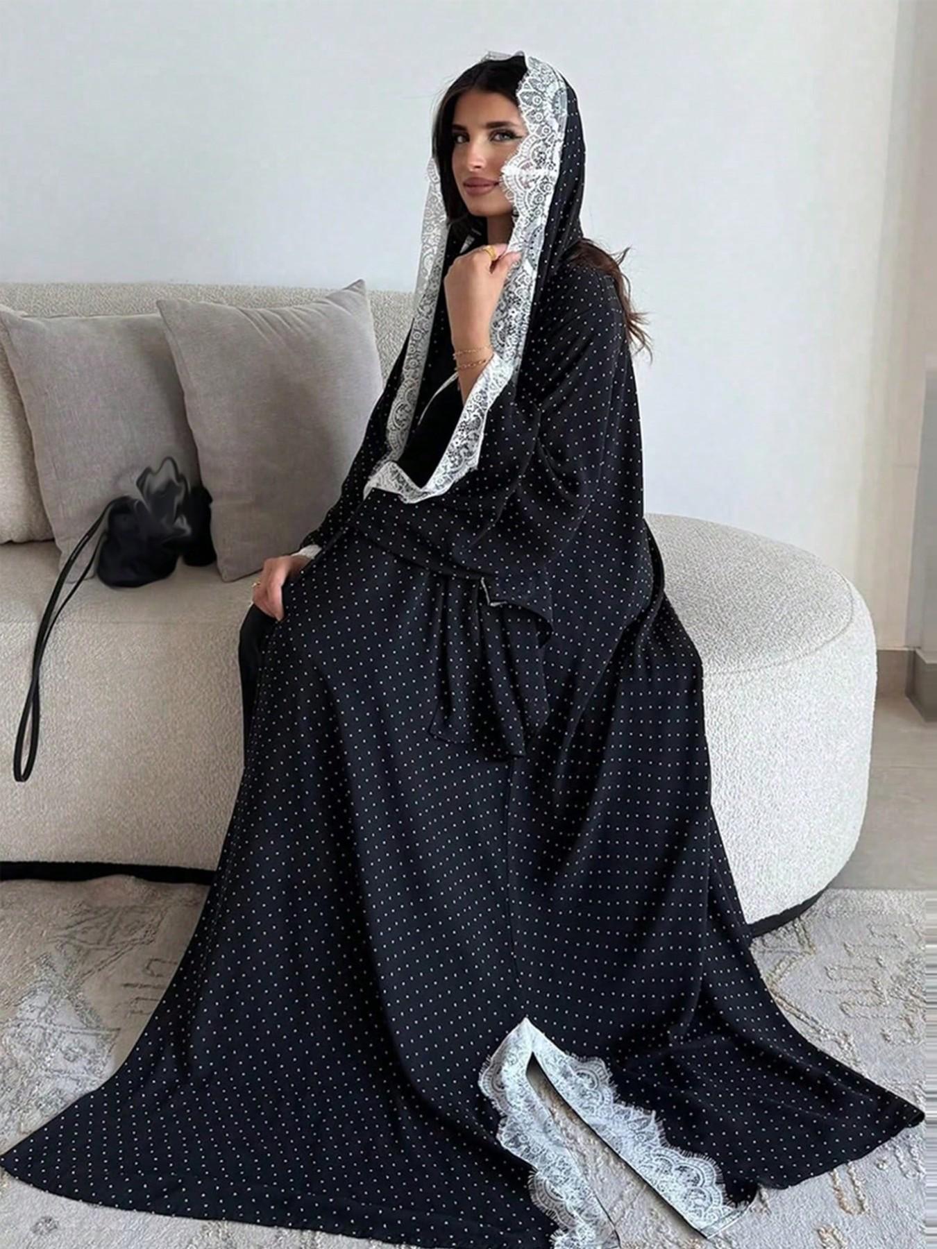 Hafizah Polka Dot Lace Trim Long Cardigan Scarf Set, Loose-Fitting Casual Outerwear for Women, All-Season Plain Design