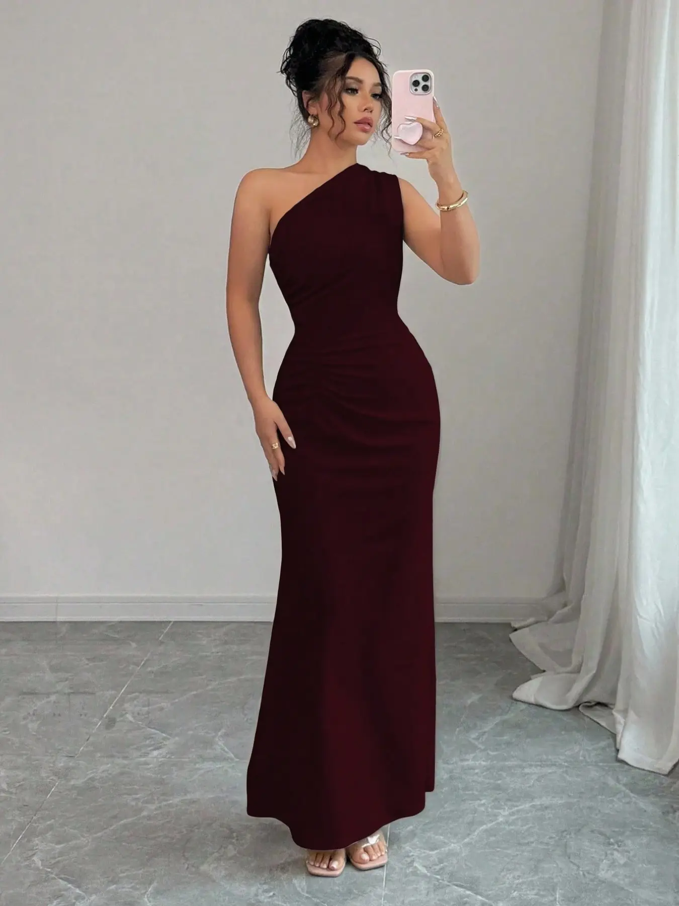 elegant burgundy dresses for women One Shoulder Ruched Mermaid Long Dress Women, Bodycon Fit Dress Formal Gown Formal Wear for Graduation Proms, Wedding Guests, Evening Events, Elegant Party Wear, Elegant Party formal burgundy dress ENTRO Black Split Neck size-48 Premium stretch jersey Color:White Blue Flower