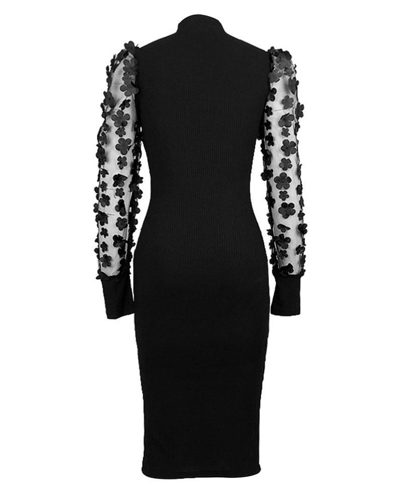 ChicMe Women's Elegant Midi Dress Contrast Mesh Puff Sleeve Ribbed Holiday Party Outfit for Women