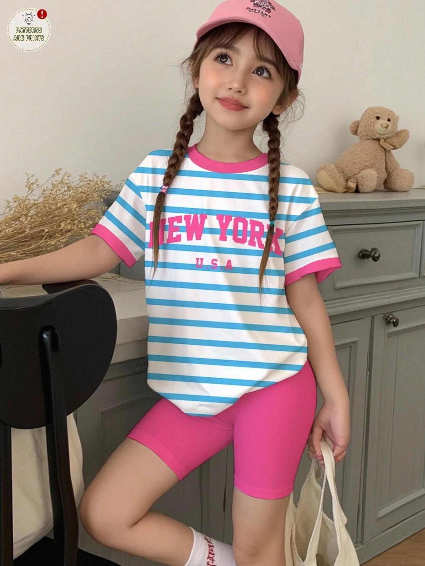 Girls' 2-Piece Set Summer, Striped Heart Print T-Shirt & Shorts, Casual Everyday Wear, Perfect for Parties & Holidays