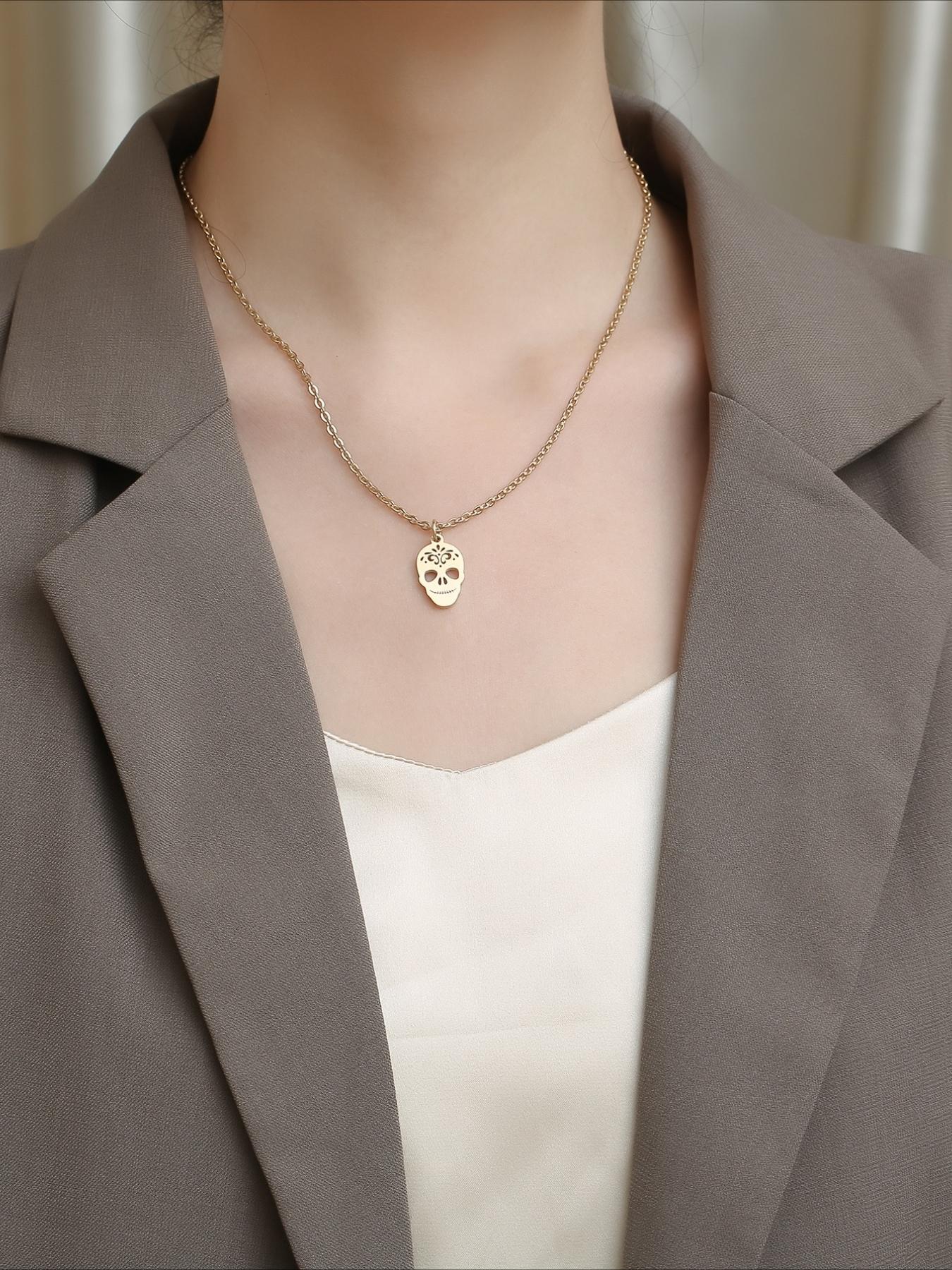 Stainless Steel Skull Pendant Necklace, Hip-hop Punk Style Accessory, Halloween Necklace