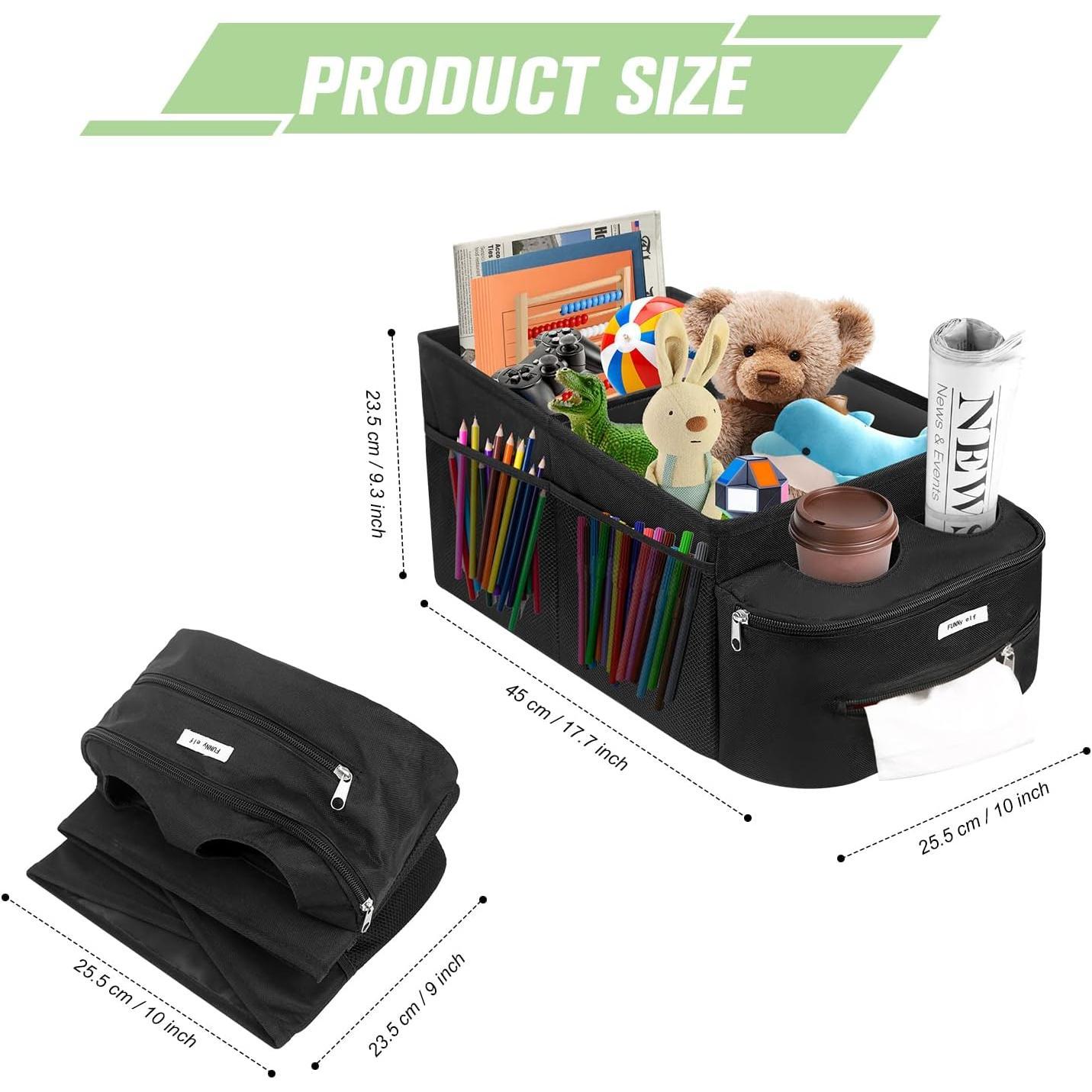 Front Seat Organizer for Van/Auto, Oxford Cloth Foldable Seat Storage with Partitions, 4 Cup Holders, 18x10x9 Inch Compact Fold, Practical Easy-Attach Firm Fixing for Car Interior Storage Space