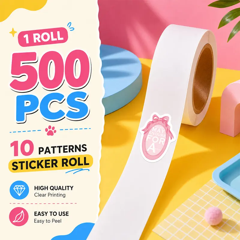 500PCS/Roll Pink Bow Bible Sticker Roll, 10 Designs Aesthetic Decorative Sticker Tape, Self Adhesive Journaling Stickers for Notebook, Laptop, Phone Case and Daily Decoration