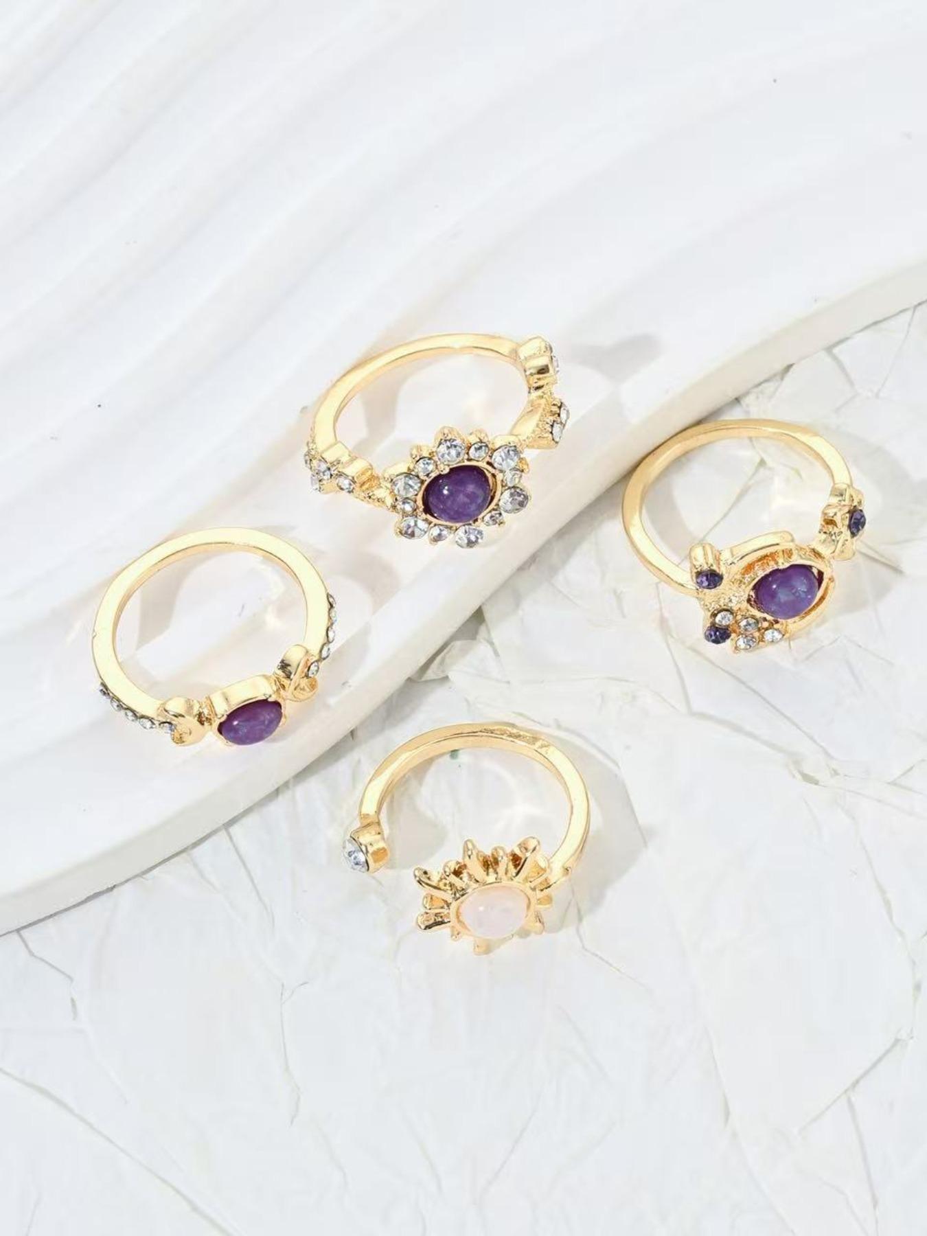 4 Pcs Fashionable Gemstone Rings, Sun Moon Rhinestone Luxury Geometric Ring Set, Women's Birthday Gift, Low Allergy, Fade-Resistant