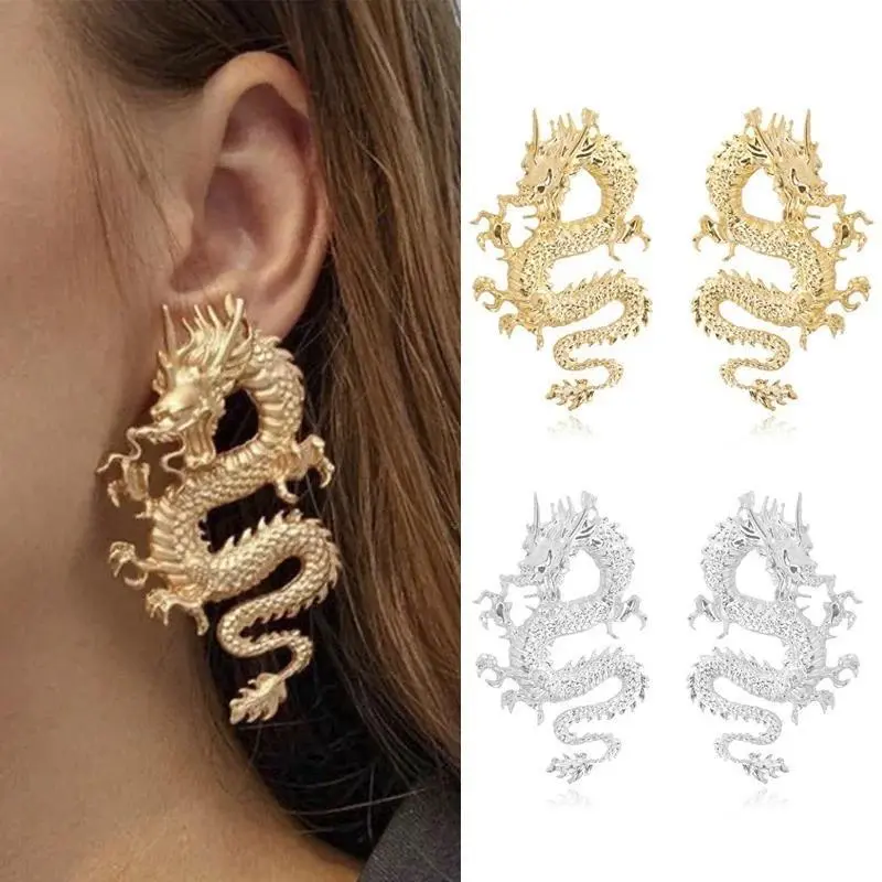 Vintage Chinese Style Dragon Stud Earrings for Women Trendy Punk Personality Animal Totem Earrings Statement Jewelry Gift