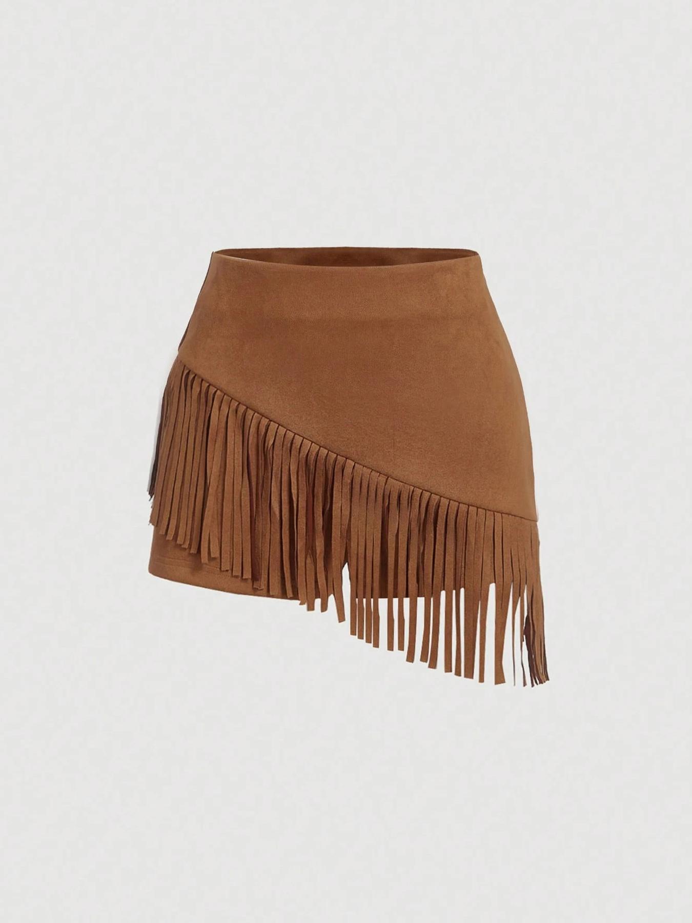 Adjustable Strap Fringe Outfit - Western Baddie Spaghetti Strap Cami & Skirt Matching Set