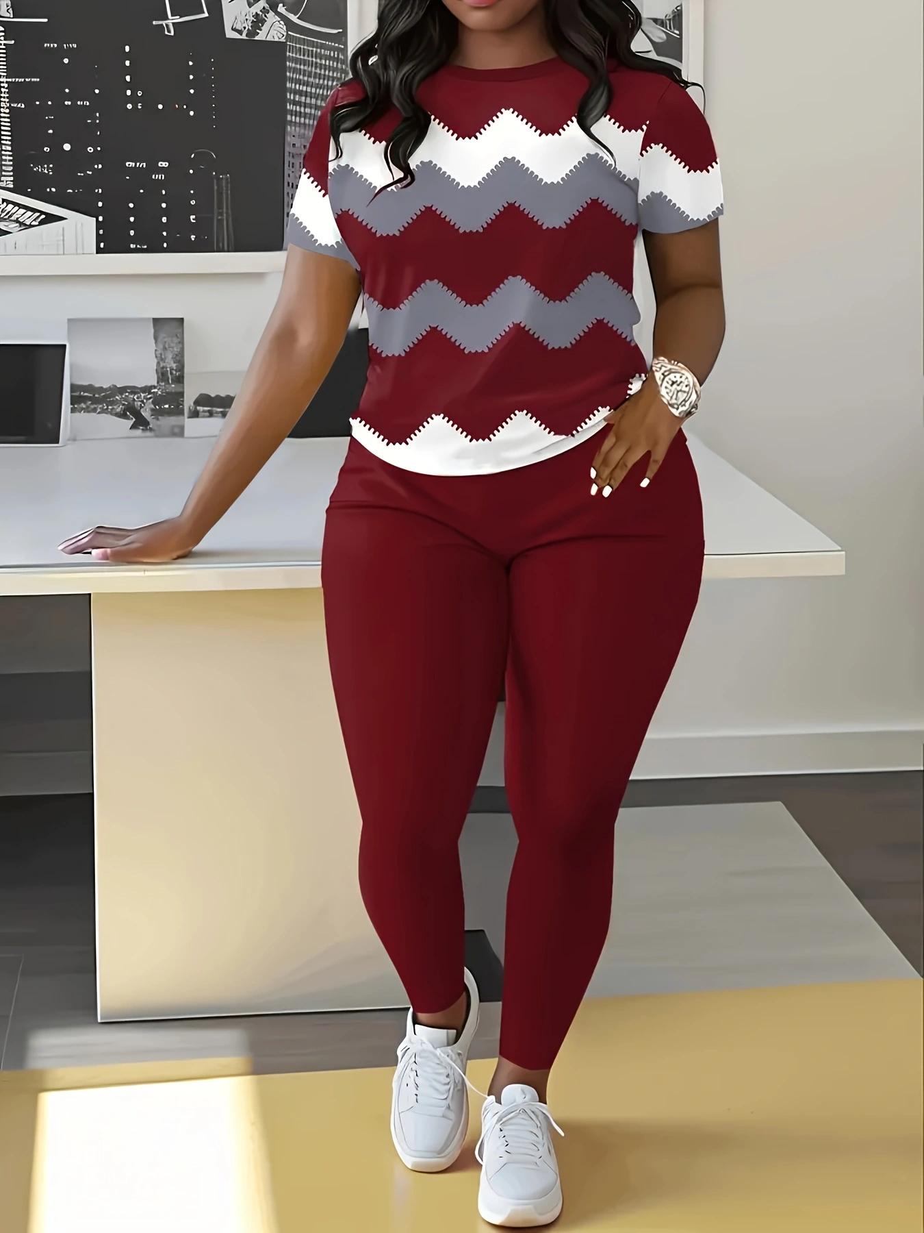 Women's Striped Patchwork Casual Two-Piece Set, Spring & Fall Fitted Round Neck Short Sleeve Top and Long Pants, Womenswear